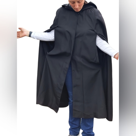 Vintage Black Hooded Cape, Cloak Coat, MidCentury 1950 Theatre Opera Cape Gothic - Picture 10 of 10